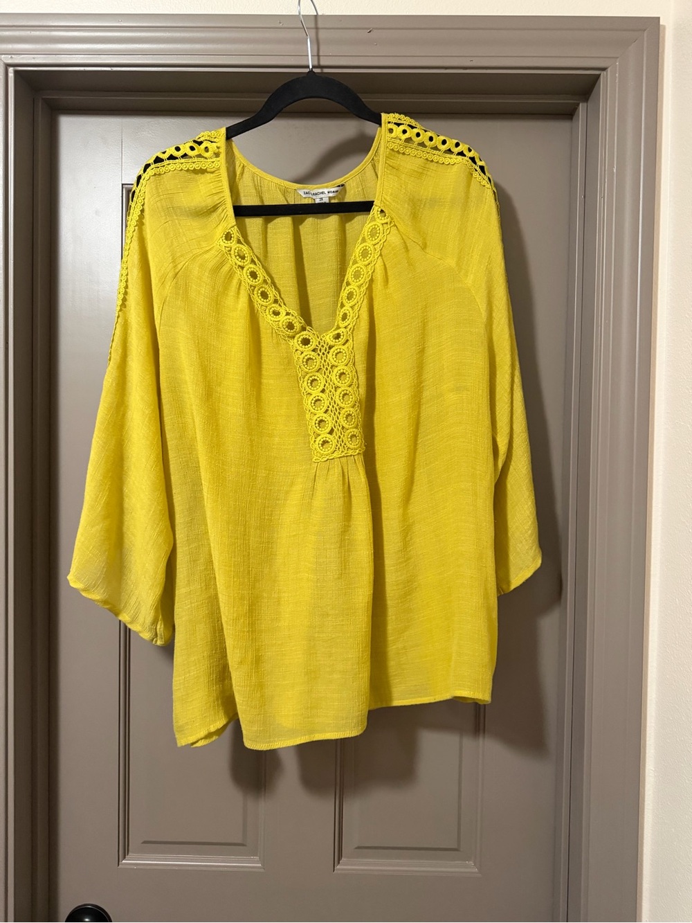 Zac & Rachel Bright Yellow Crochet-Trim Peasant Blouse Plus Size 2x